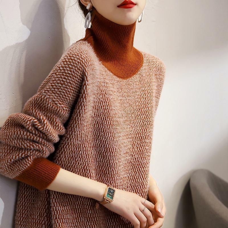 Jersey de cuello alto Vintage para mujer, suéter de punto de manga larga, Patchwork que combina con todo, ropa de viaje, otoño e invierno, nuevo y elegante