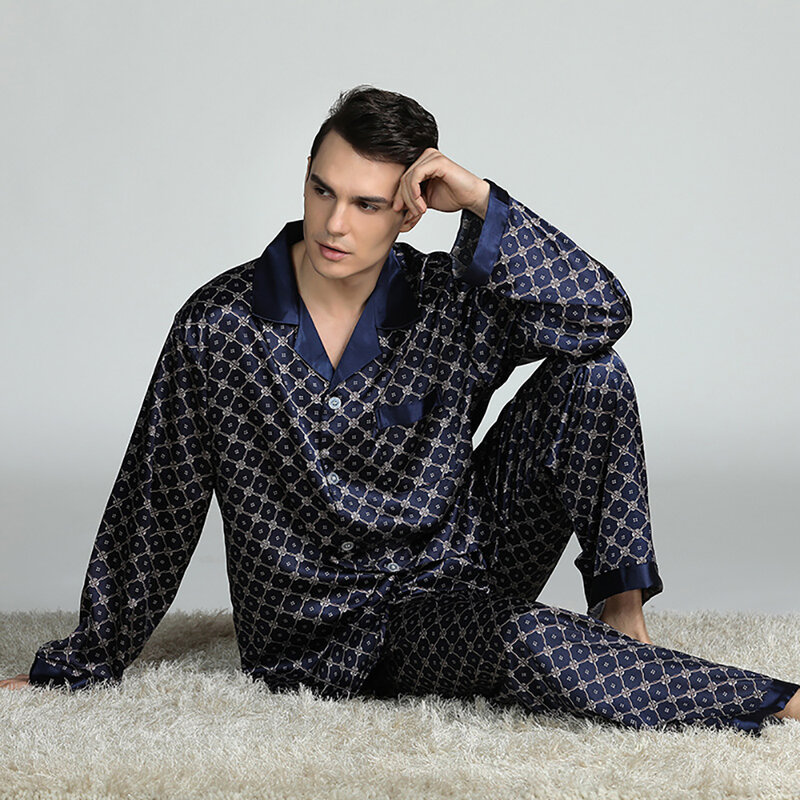 Trendyol Pakaian Tidur Gambar Polkadot Musim Semi Musim Panas Sutra Satin Tipis Pijama Hombre Set Pria Longgar Nyaman Piyama Homme