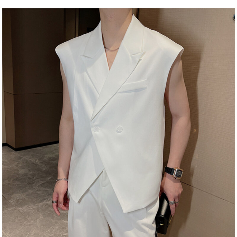 เสื้อกั๊กสูทแขนกุดสำหรับผู้ชายเทรนด์ส่วนตัวดีไซน์ฤดูร้อนแฟชั่นสไตล์เกาหลีรุ่นใหม่