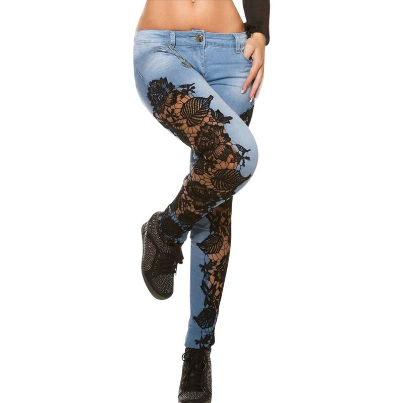 High Stretchy Distressed Ripped Floral Appliques Lace Hollow Out Jeans Low Waist Slim Fitting Fashion Pencil Denim Trousers
