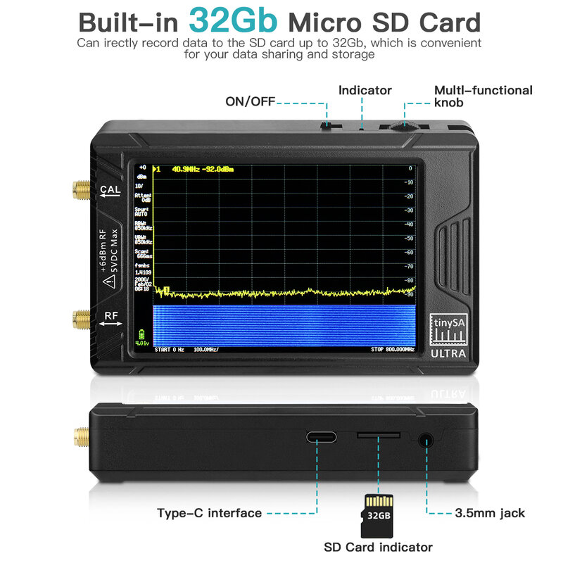 Портативный дисплей TinySA ULTRA 4 "100k-5,3 ГГц, генератор радиосигналов, анализатор спектра для SDR, антенна для коротких волн