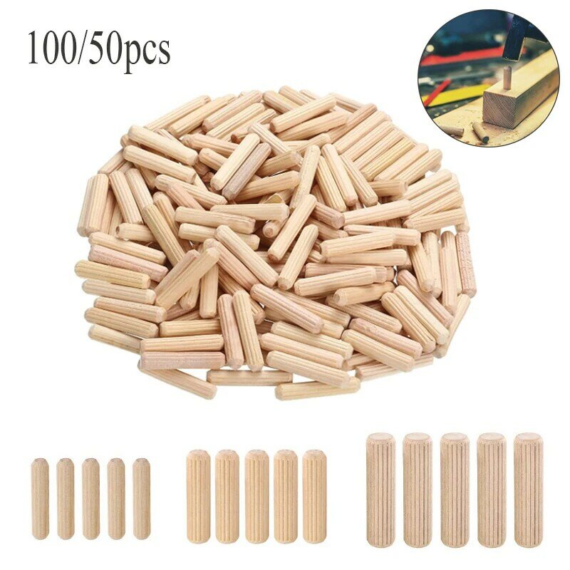 100/50pcs Wooden Dowel Cabinet Drawer Round Fluted Wood Craft Dowel Pins Rods Set Furniture Fitting wooden dowel pin