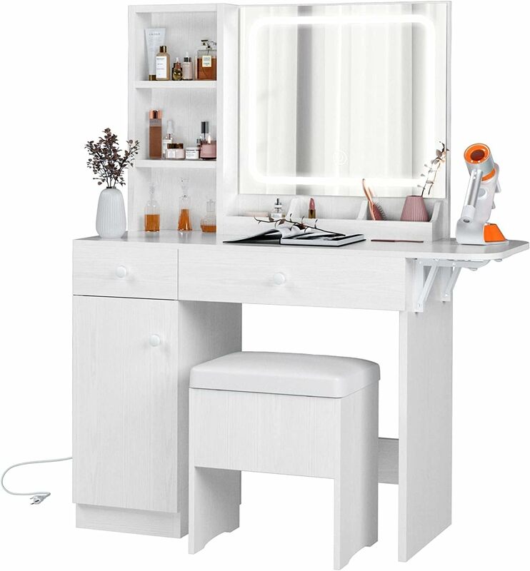 IRONCK-Vanity Desk com Espelho Iluminado LED e Tomada, Mesa de Maquiagem com Gavetas e Gabinete, Banqueta Branca, Quarto, Arrumação