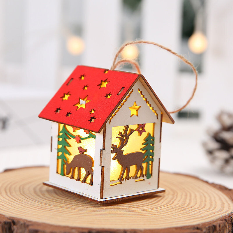 Decorações de natal para casa ornamento de madeira cabine pingente incandescente árvore de natal ornamento festa de natal suprimentos