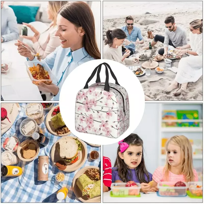 Japanese Cherry Blossom Insulated Lunch Bag for Women Floral Flower Resuable Cooler Thermal Food Lunch Box Work School Travel