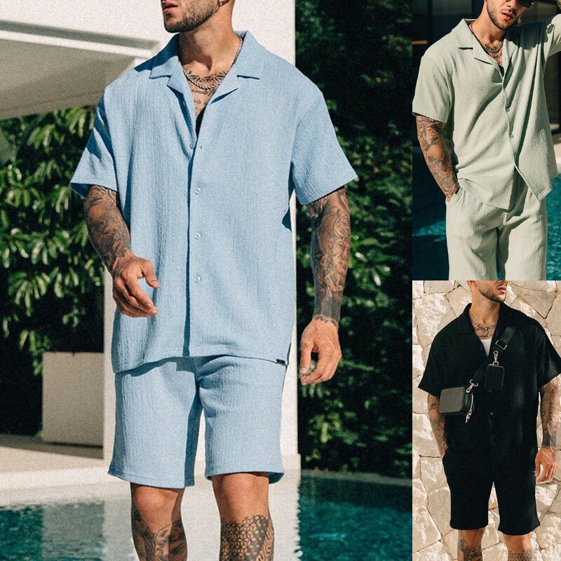 Vintage Short Sleeve Lapel Shirts Two Piece Men's Summer Beach Style Casual Sets Solid Color Shirt And Shorts Suits Men Clothing