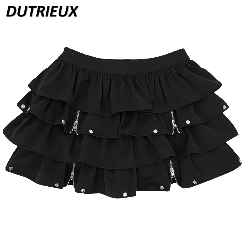 Faldas negras de cintura alta para mujer, estilo Punk, dulce, fresco, corto, longitud media, diseño de cremallera, Mini falda salvaje para niñas lindas