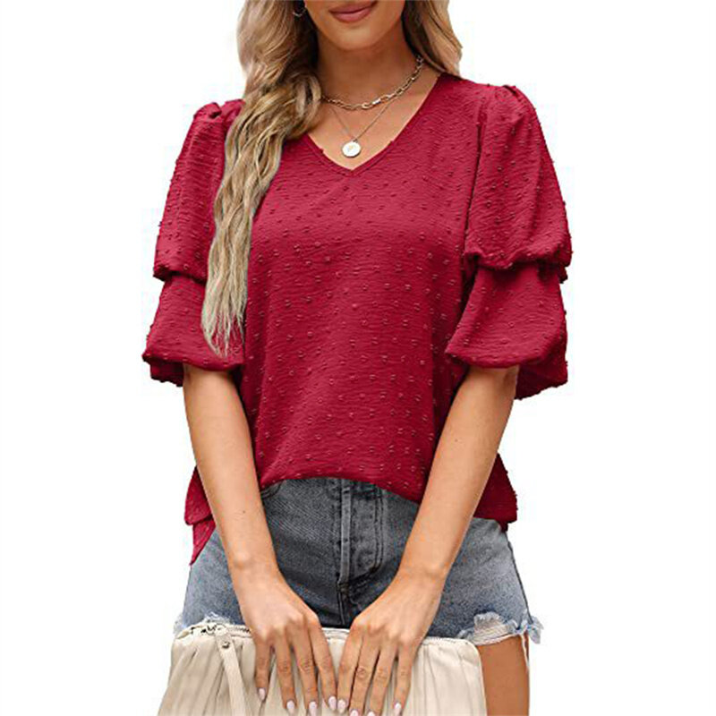 Women's Chiffon Double Splicing Lantern Sleeve Shirt Summer Solid Color Jacquard Polka Dot V Neck Pullover Blouse Female Tops 23