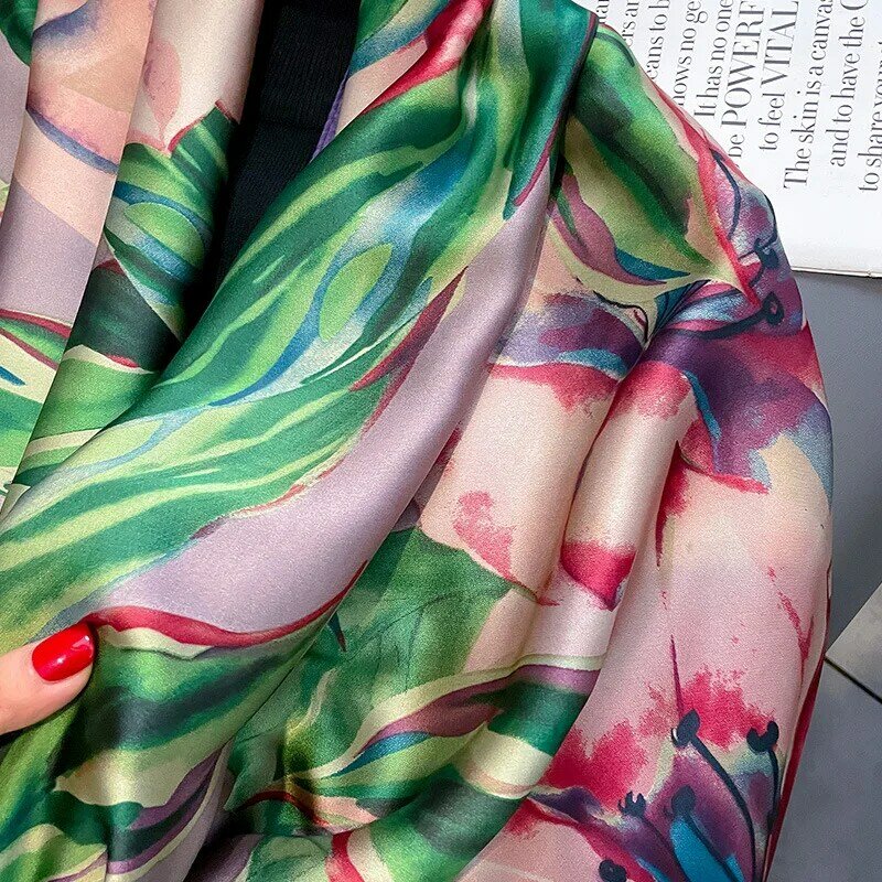 Lenços estampados de luxo para mulheres, acabamento acetinado, lenço de seda, hijab quente, moda Four Seasons, marca de luxo popular, 180x90cm, 2024