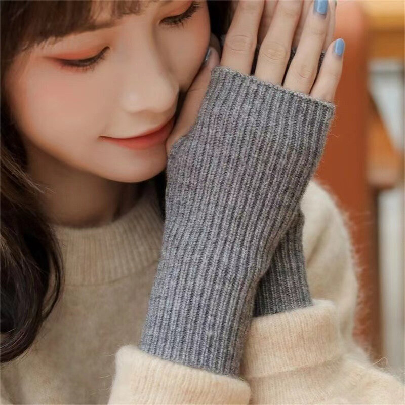 1 пара осенне-зимние перчатки с коротким рукавом на полпальца для женщин однотонные вязаные перчатки без пальцев теплые варежки для рук