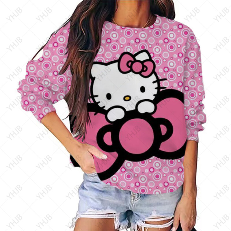 2024 Autumn Women's Round Neck Sweater Fashion Hello Kitty Sweater Women's Pullover Princess Queen Sweater Y2K Pullover