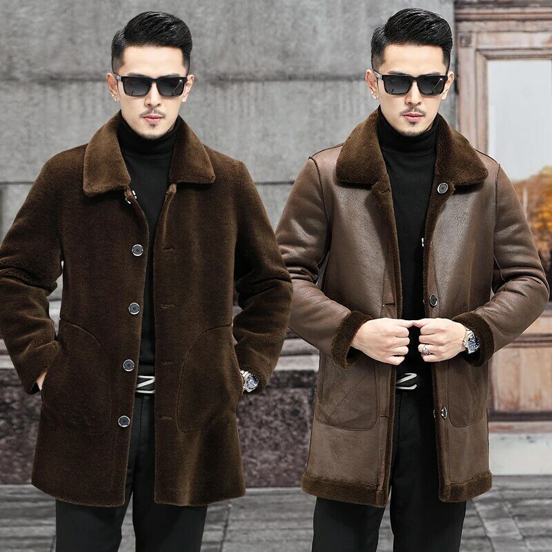 2023 남성용 긴 턴다운 칼라 코트, 남성용 진짜 양털 재킷, 두껍고 따뜻한 진짜 모피 겉옷, P503, 겨울 패션