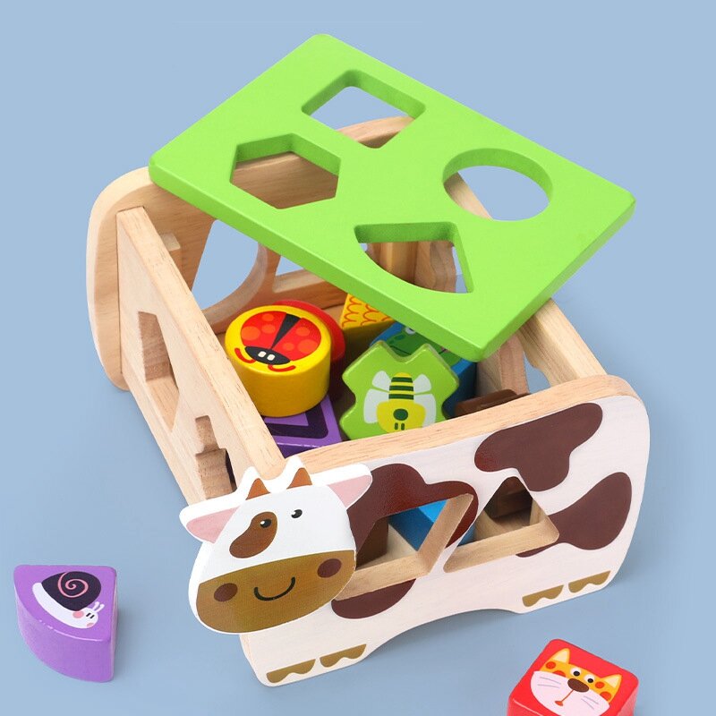 Mainan edukasi anak-anak, 12 blok hewan geometris kayu permainan sortiran Puzzle bentuk warna pengenalan untuk anak-anak