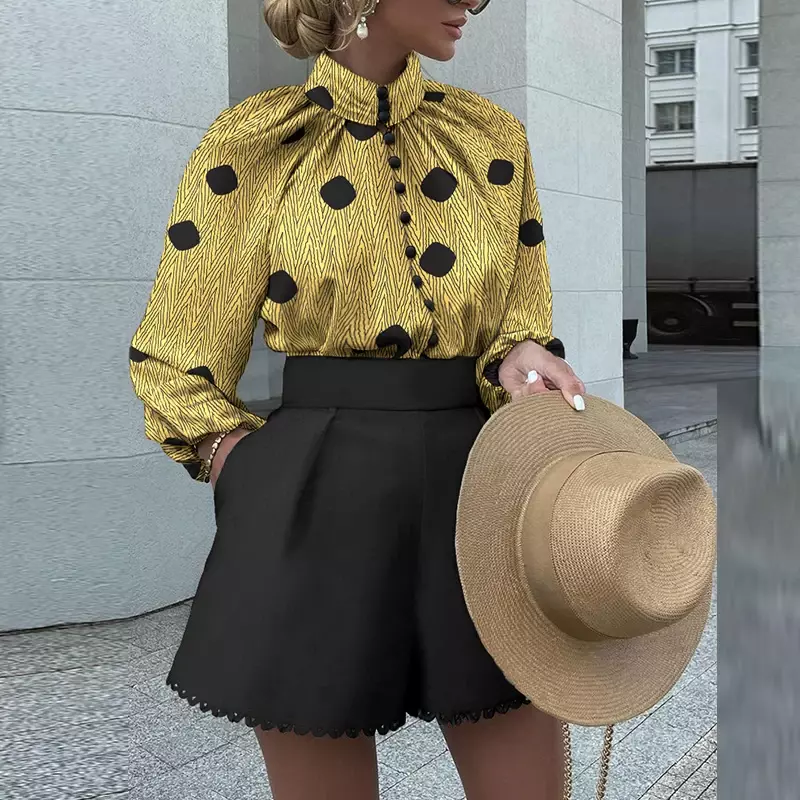 2024 New Holiday Style Vintage stampato colletto alla coreana camicia con bottoni Lady Fashion Pocket Shorts abiti primavera ed estate donna