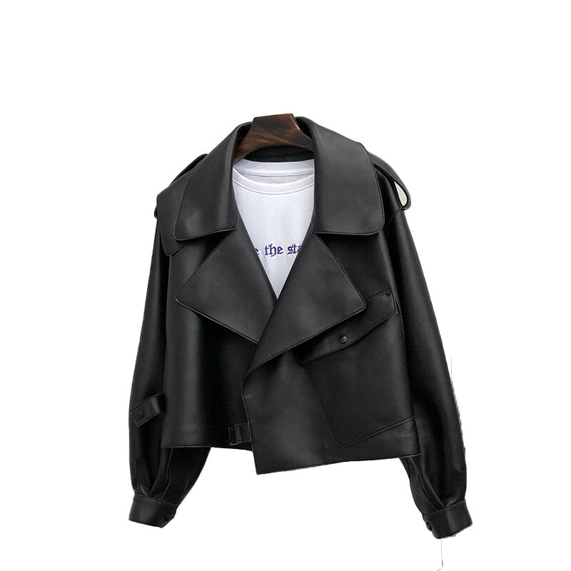 FMFSSOM jaket kulit imitasi untuk wanita, jaket Luaran kulit imitasi pendek berkancing tunggal warna hitam, mantel tahan angin kerah lipat hangat musim semi 2024