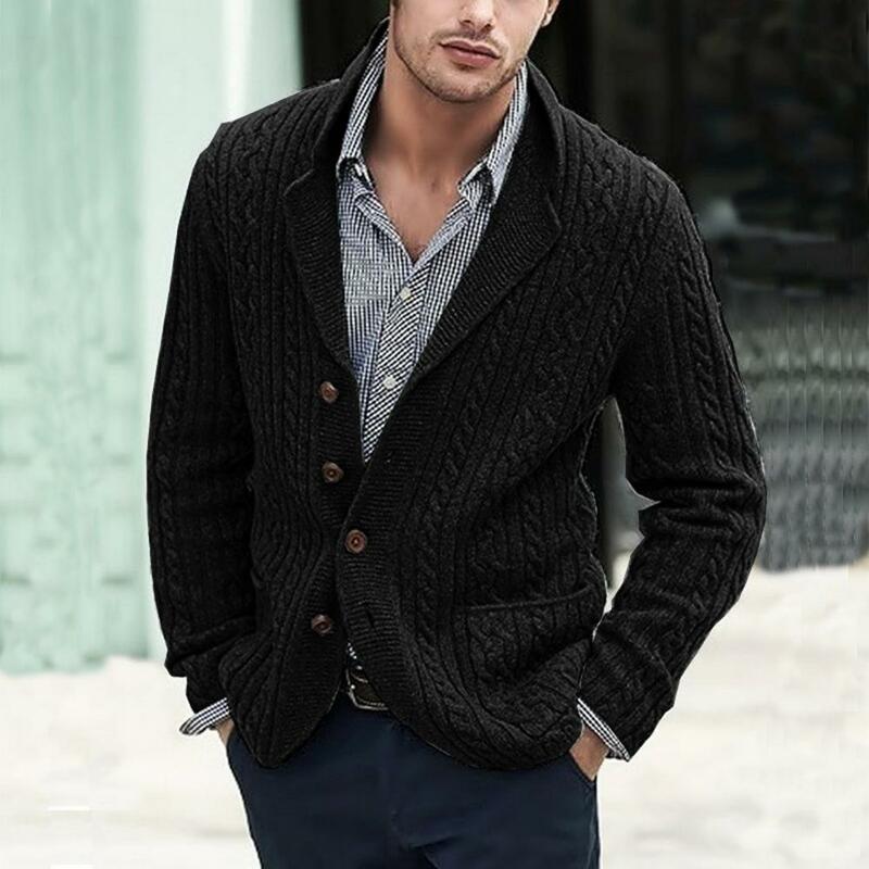 Cardigan masculino de bolsos de textura torção, suéter casual, casaco de peito único, lapela de malha, outono inverno