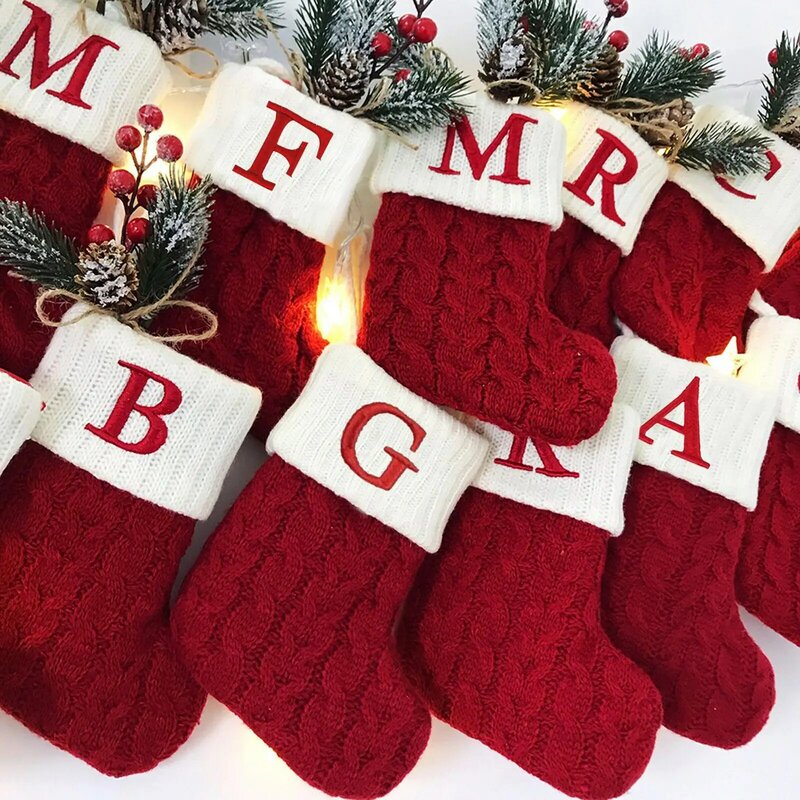 Alfabeto Letras Meias De Natal Floco De Neve Vermelho, Meia De Tricô Decoração De Árvore Para Casa, Presente De Natal, Ano Novo