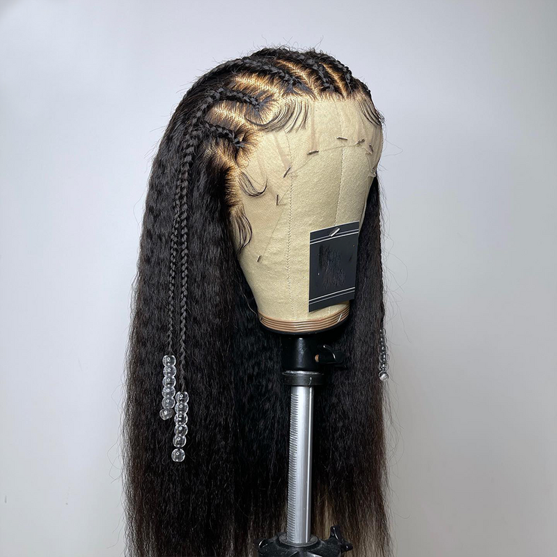 Yaki-peluca larga y rizada con malla frontal para mujer, pelo de bebé negro Natural, sin pegamento, suave, 180de densidad, resistente al calor, 26 pulgadas