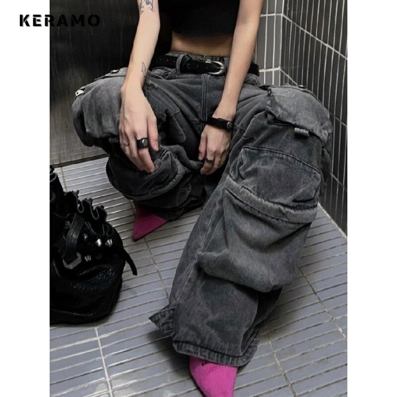Amerikaanse Vintage Hoge Taille High Street Style Jeans Dames Casual 2000S Zakken Broek Baggy Y 2K Wiet Grunge Denim Broek
