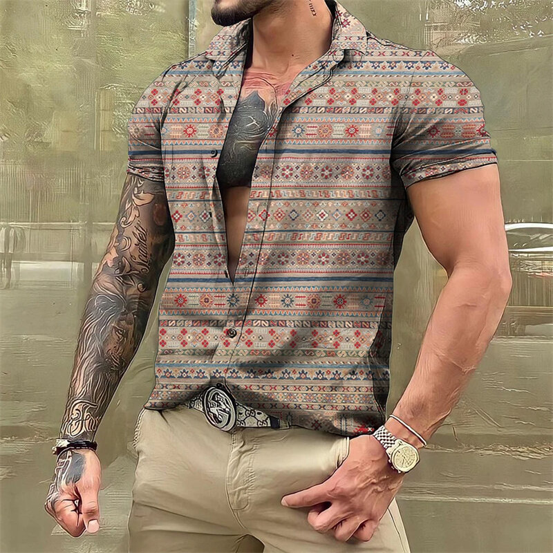 Baju kotak-kotak antik pria baru Musim Panas 2024 baju mewah kasual modis lengan pendek kemeja Hawaii untuk Pria Atasan uniseks Streetwear