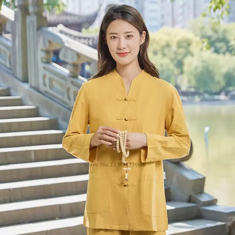 Women nese Traditional Suit Linen Zen Tea Hanfu Cardigan Trousers Suit Ladies Tai Kung Fu Uniform Pants Tops