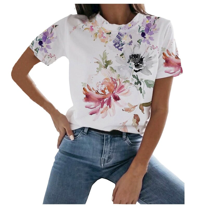Y2k Delicate Casual Floral Print Women Pullover Korean Round Collar Summer Short Sleeves Women Blouses Casual Blusas De Mujer