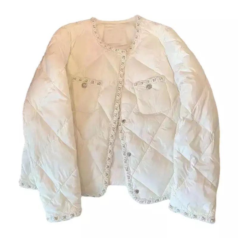 Korean Style Down Cotton Padded Jackets Women Autumn Winter Lightweight Warm Parkas Woman Fashion Pearl White Parka Coat
