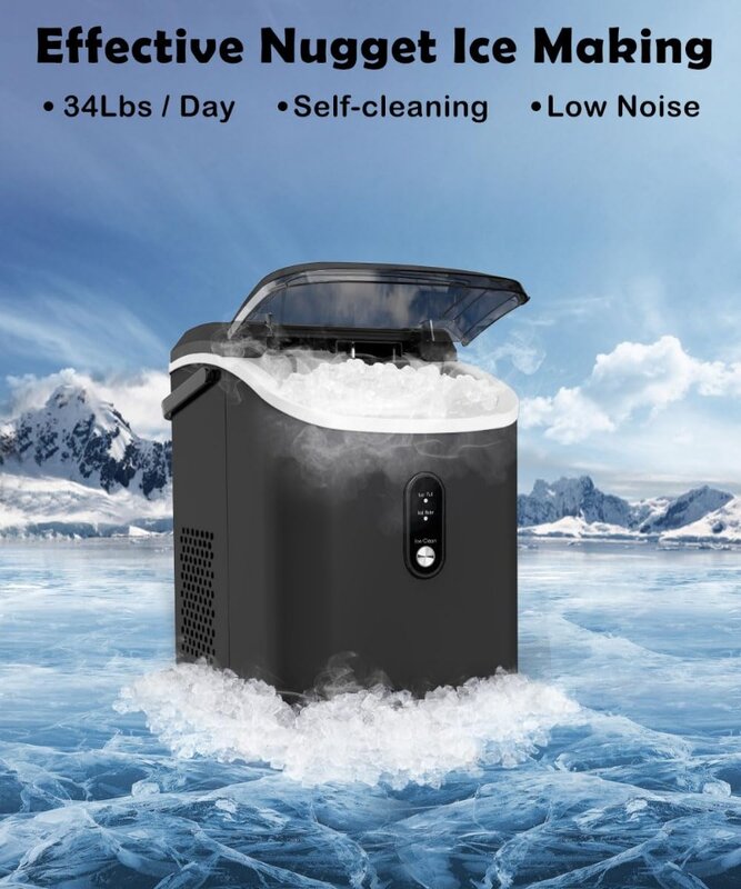 COWSAR Ice Maker Countertop, Chewable Pebble Ice 34Lbs Per Day, Crunchy Pellet Ice Cubes Maker Machine w/ Self Cleaning,Portable