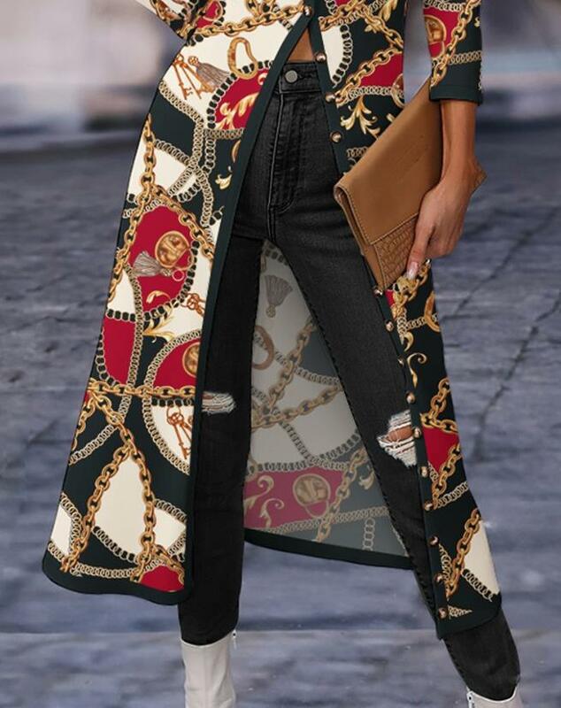 女性のためのチェーンプリントが施されたリブ編みのロングコート、カジュアルな対照的なコート、新しいファッション、ホットセール、2023