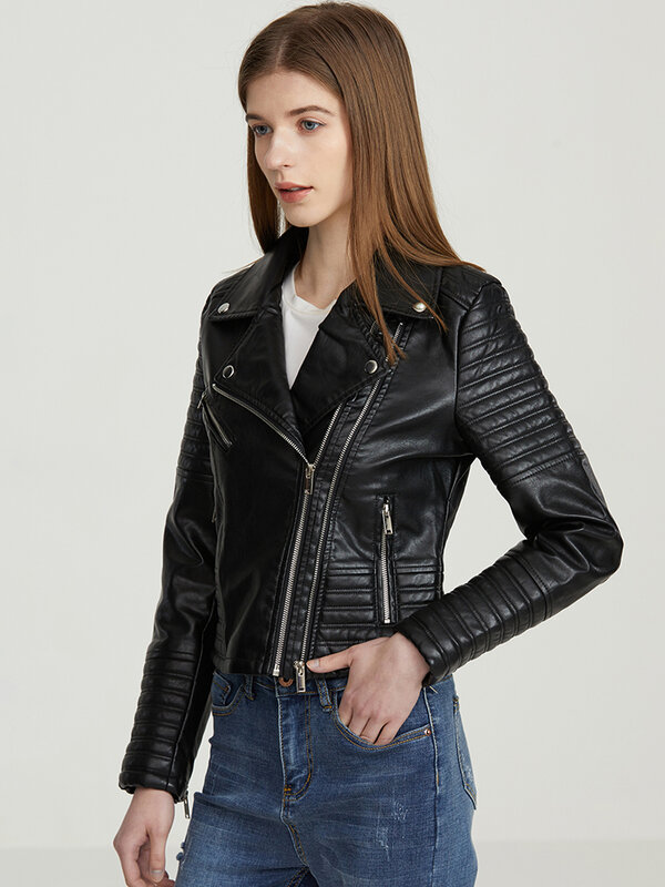 Jaqueta de couro PU falso feminino, gola de virada, casaco punk motocicleta, feminino rebite zíper Outerwear, preto