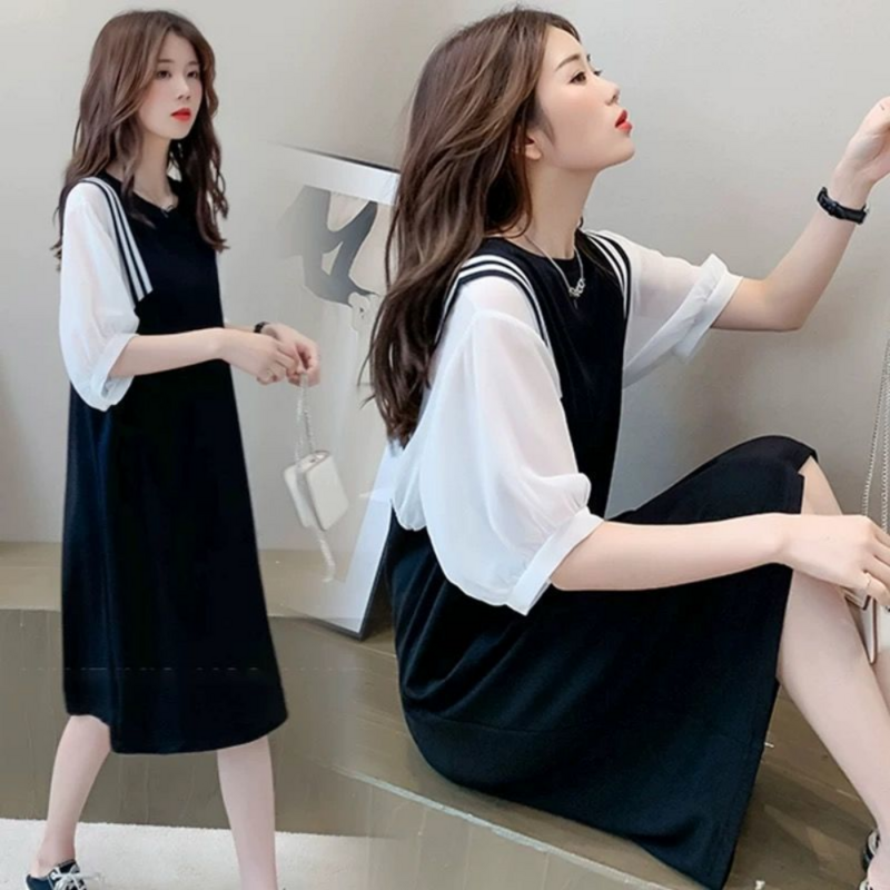 New Pregnant Women Clothes Set for Summer Short Sleeve Cotto Top Strap Chiffon Dress Twinset Loose Maternity Dress Suits