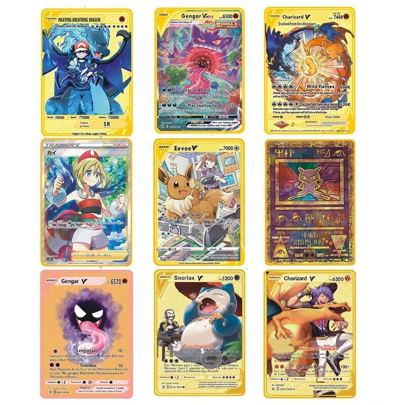 2023 Pokemon metalowe karty Pikachu Vmax Charizard Gengar Eevee snorlax gry Anime kolekcja litery żelazne karty zabawki prezenty dla dzieci