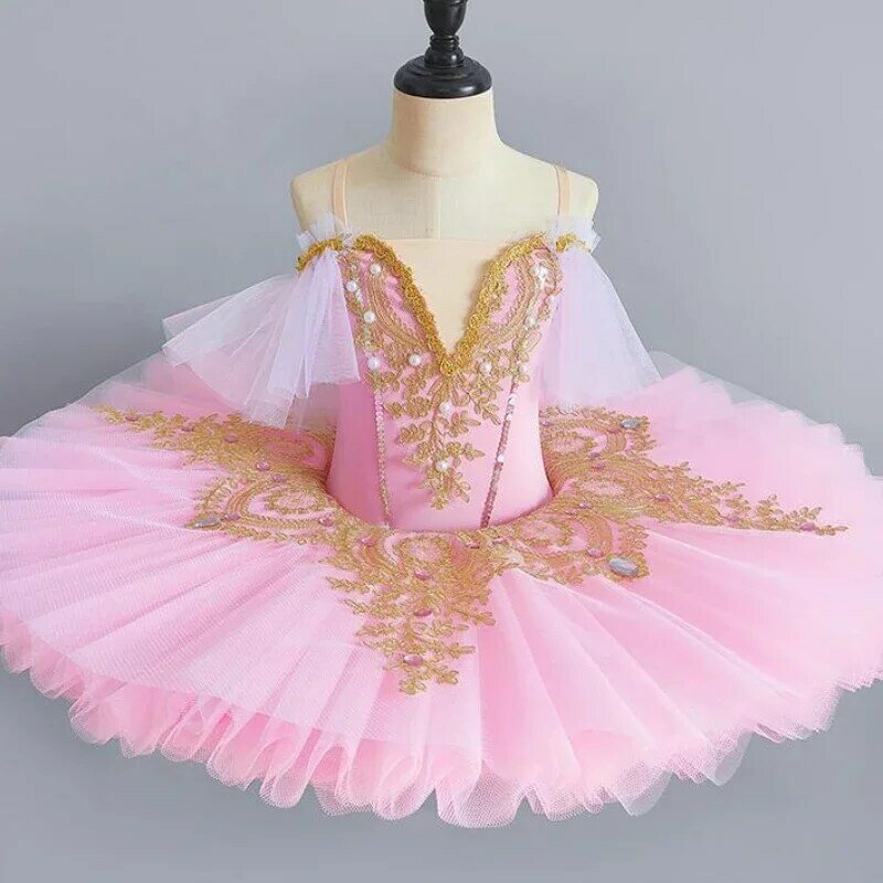Gaun pesta balet profesional anak perempuan, kostum tari balet, gaun pesta balet, panekuk, biru, merah muda