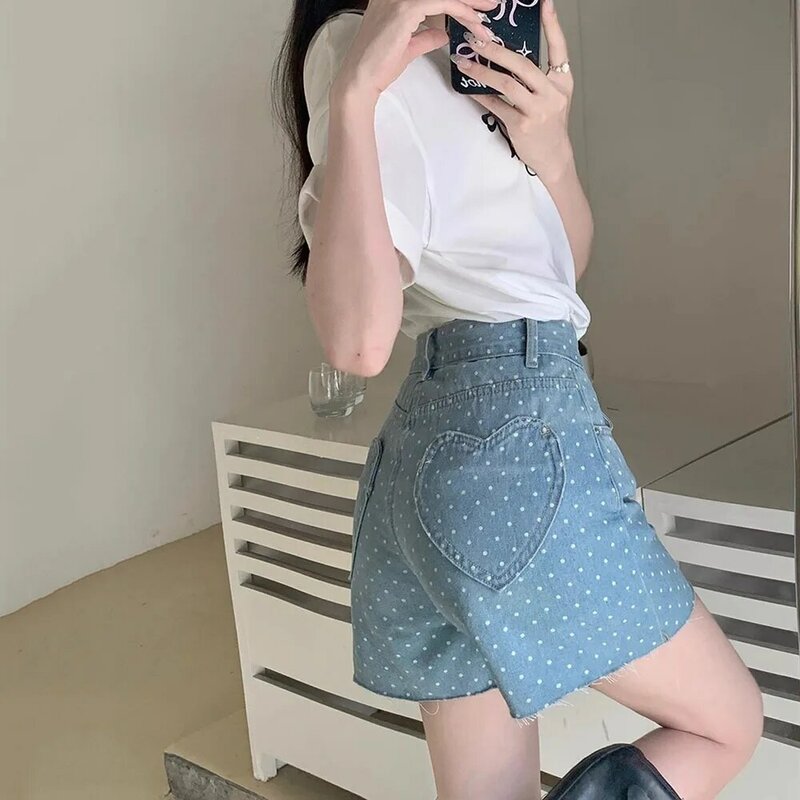 2024 Mode Polka Dot Damen Denim Shorts koreanische Retro gewaschen schlanke Liebes tasche kurze Jeans Damen süße kurze Hosen Pantalones