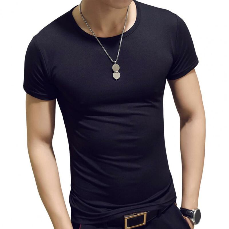 V-Neck Short Sleeve Thin Men T-shirt Summer Solid Color Slim Fit Pullover Tee Top Streetwear
