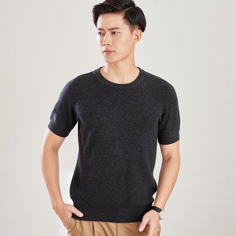 Men's Sweater Summer Short-Sleeved Round Neck Pullover Thin Section 100% Wool Bottoming Knitted Half-Sleeve Solid Color High-End