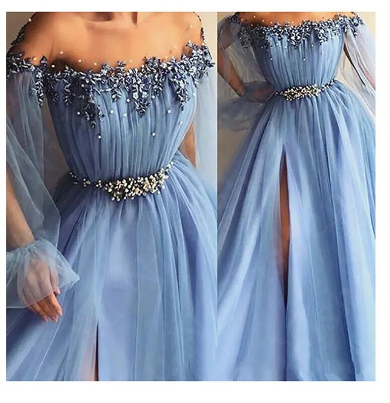 Blauwe Off-Shoulder Avondjurken 2024 Lange Pofmouwen Appliqueert Kralen Tule A-Lijn Trouwfeest Prom Dress Bruidsmeisje Jurk