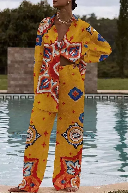 Nadruk geometryczny w stylu Vintage dwuczęściowe zestawy dla kobiet wiosenne jednorzędowe spodnie z koszula z klapą i szerokimi nogawkami stroje jesienne kostium z długim rękawem