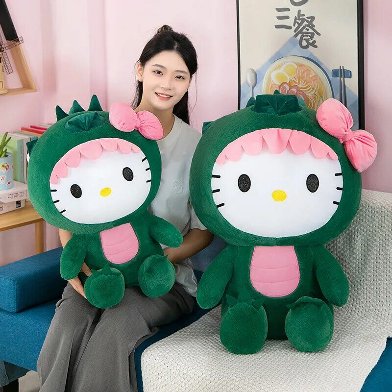 Sanrio Kawaii Hello Kitty Dinosaur Plush Toy, Cartoon Doll, Decoração do quarto, Dormir Almofada, Crianças Presente de Aniversário, 35 cm, 50 cm, 65cm