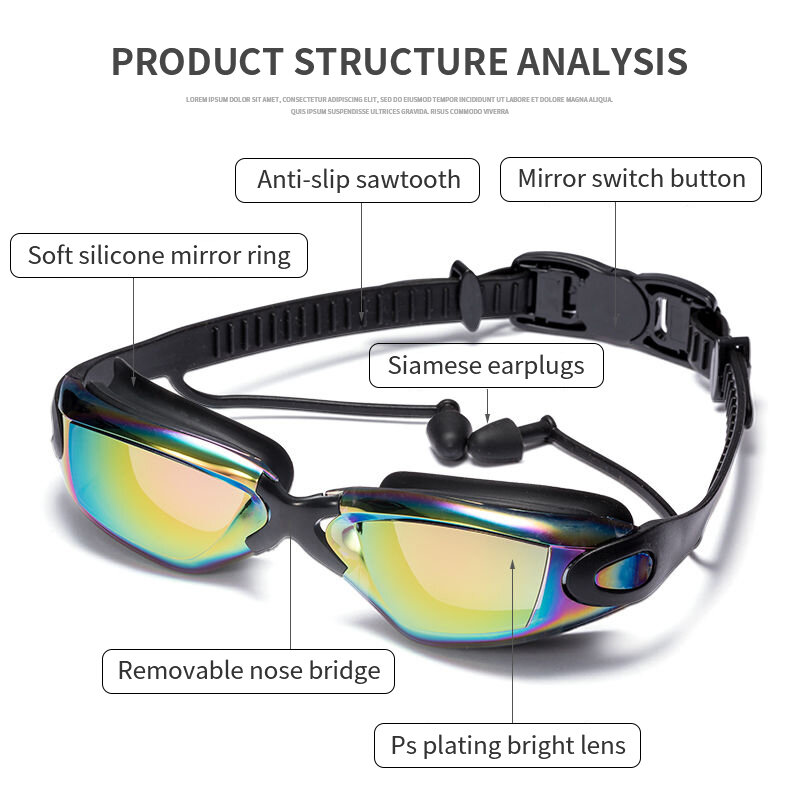 Adluts ซิลิโคนแว่นตาว่ายน้ำแว่นตาพร้อมปลั๊กอุดหูและคลิปจมูก Electroplate สีดำ/สีเทา/สีฟ้า Очки Для Плавания