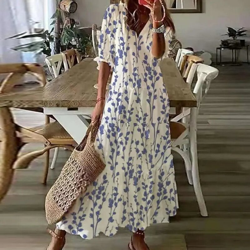 Gaun ketat longgar wanita motif bunga gaun Maxi A-line dengan rumbai detail leher V pakaian pantai liburan wanita untuk musim panas