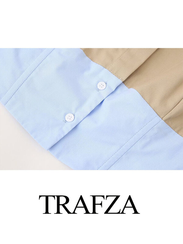 TRAFZA Women 2 Piece Set Lapel Long Sleeve Single-Breasted Splicing Decorate Short Shirt+Elegant High Waist Hem Slit Long Skirts