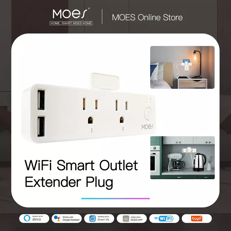 WiFi Smart Power Plug com Tomadas Duplas, Soquete com 2 Portas de Carregamento USB, Tomadas, Suporte Controle de Voz Via Alexa e Google Home