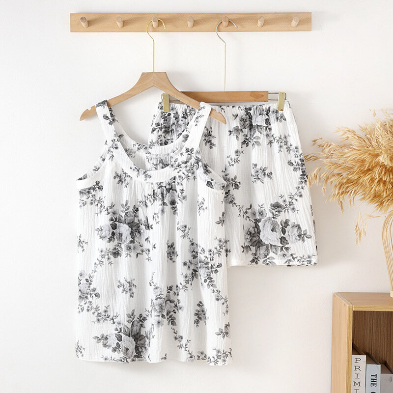 Conjunto minimalista de pijama feminino, top suspenso, shorts, algodão, gaze de camada dupla, colete fino sem mangas, roupa de casa, verão