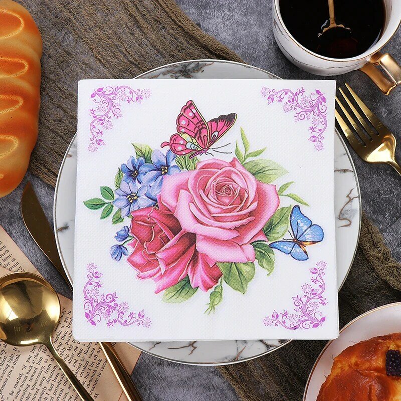 20pcs/Pac 33*33cm 2-Ply New Colourful Napkins Printed Rose Butterfly Paper Napkins Home Party Pure Wood Pulp Paper Placemat