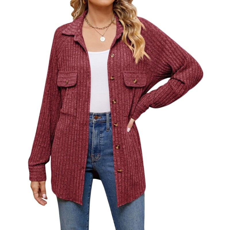 Women's Winter Ribbed Fleece Button Down Outwear Coat with Two Chest Pockets Trendy Solid Color Warm Tops Dropship
