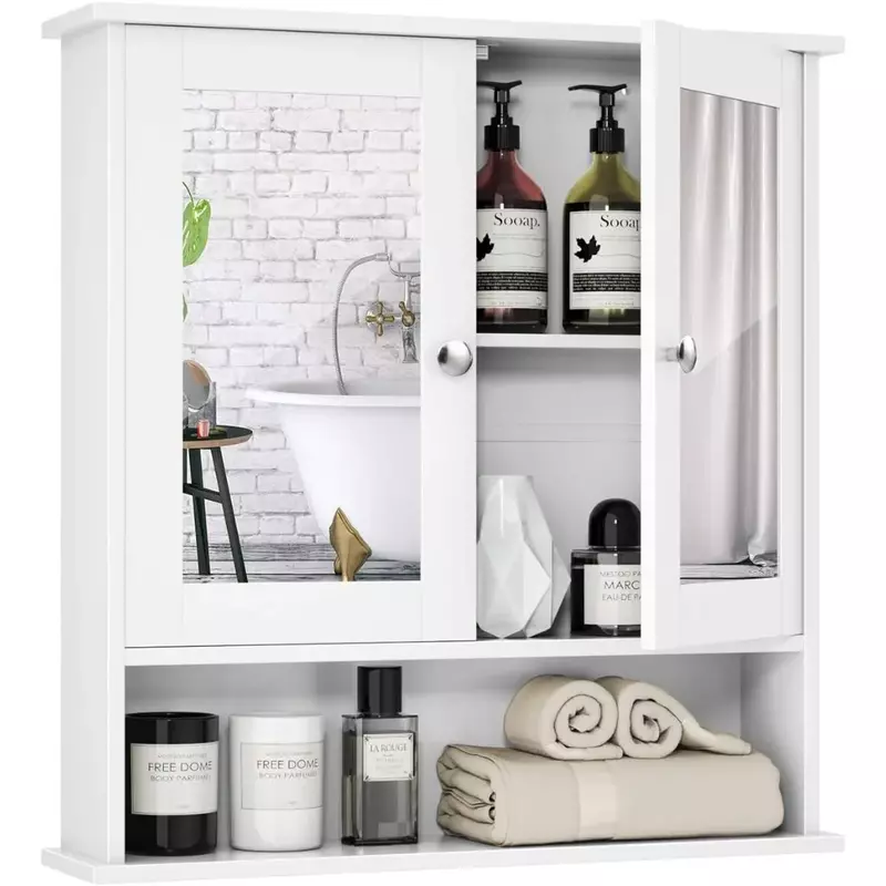 Armario de baño de montaje en pared, gabinete de almacenamiento con puertas de espejo dobles, armario de Medicina de madera (blanco)