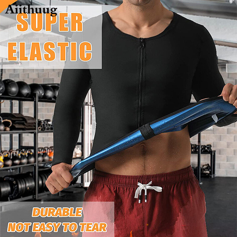 Aiithuug-traje de Sauna para hombre, chaqueta de manga larga con cremallera para entrenamiento, Top de sudor para gimnasio, camisa de Sauna para Fitness, moldeador de cuerpo
