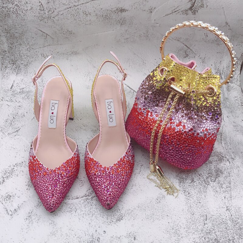 Sapatos de cristal personalizados e saco definido para mulheres, bloco calcanhar, multicolor, festa e casamento, BS1680