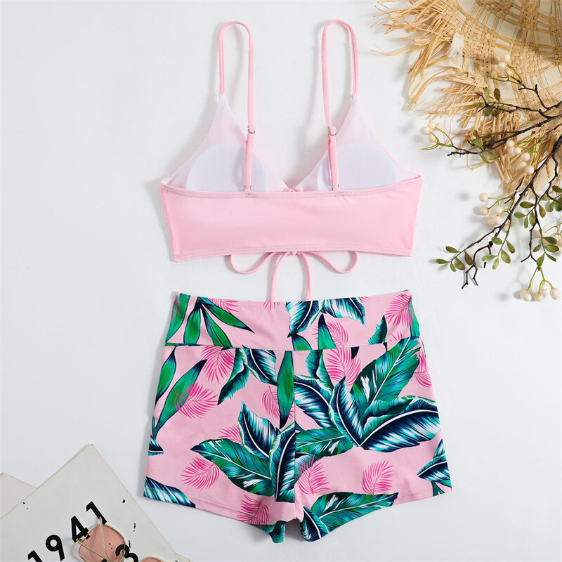 Mulheres rosa estampa shorts e cintura alta biquíni conjuntos, praia banho ternos, maiô com cordão, roupa sexy, férias Swimwear, 2 pcs